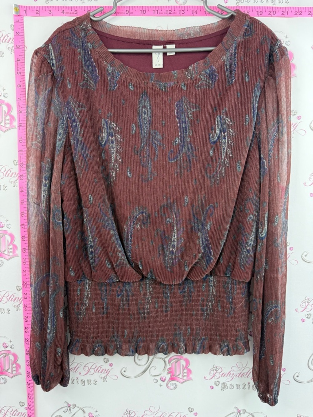 Joie blouse shiny style floral pleated Rust Paisley-Print Long-Sleeve Blouse